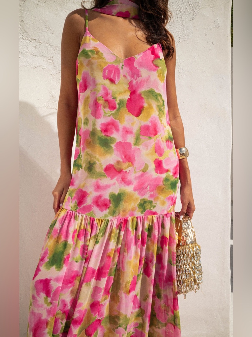 NWT Show Me Your Mumu Dalia Watercolor Floral size Large L with scarf pink green